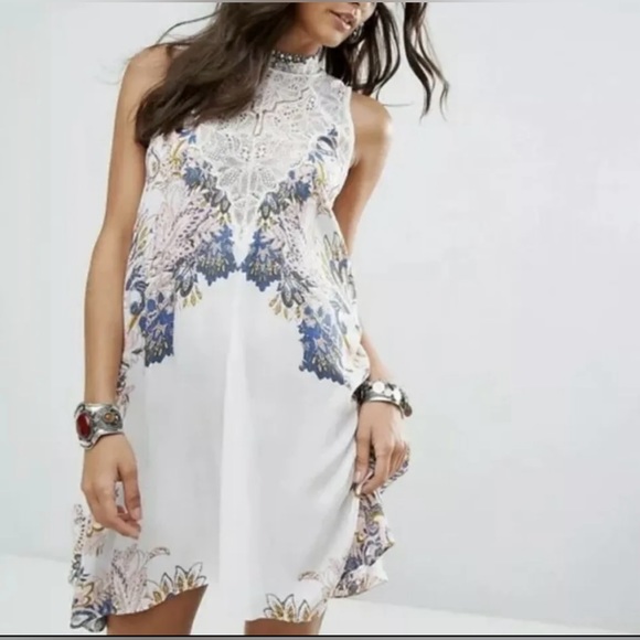 FREE PEOPLE Marsha Printed Lace Neck Mini Dress In Ivory - Picture 2 of 9